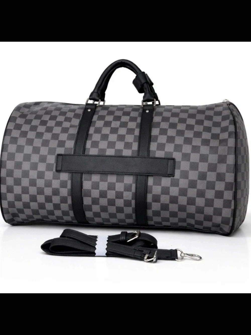 Ed Hardy Black and Gray Checkered Duffel with Brave Hearts Graphic